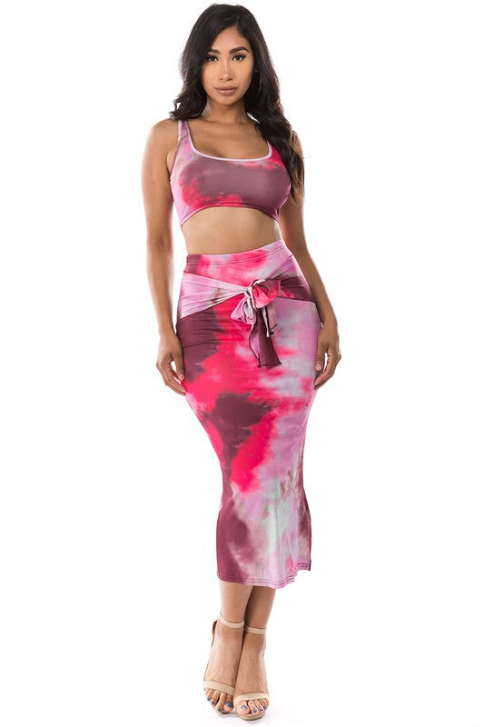 Tye-Die Wash 2-Piece Skirt Set-Pink By Claude