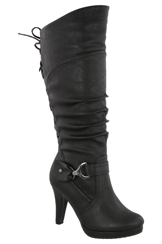 Leather Lace Knee High Mid Heel Boot FASHION EMPORIO INC