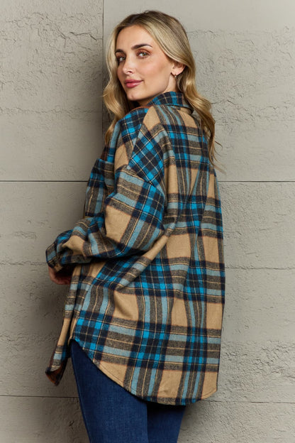 Double Take Plaid Curved Hem Shirt Jacket with Pockets