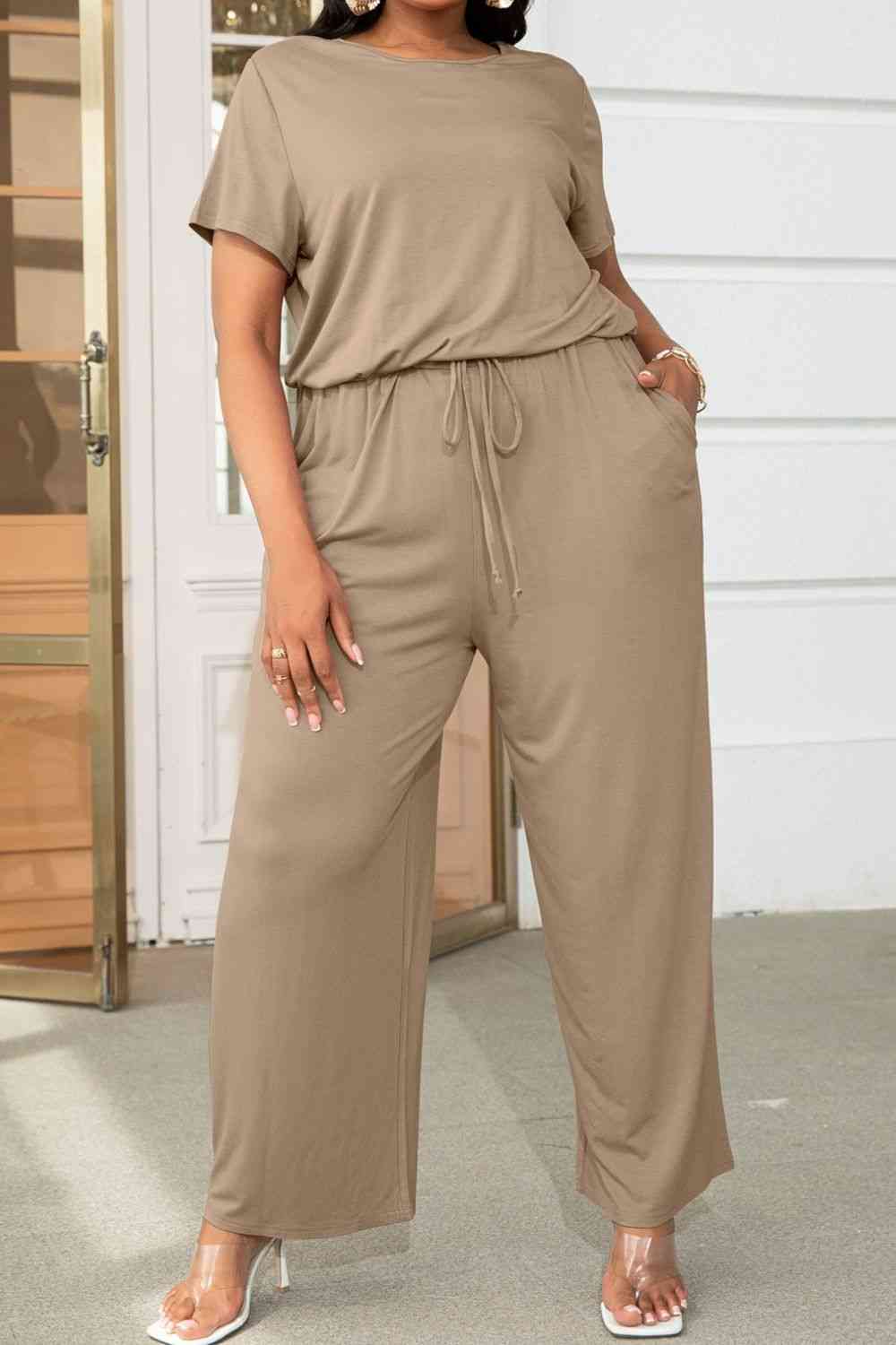 Plus+ Drawstring Waist Short Sleeve Jumpsuit