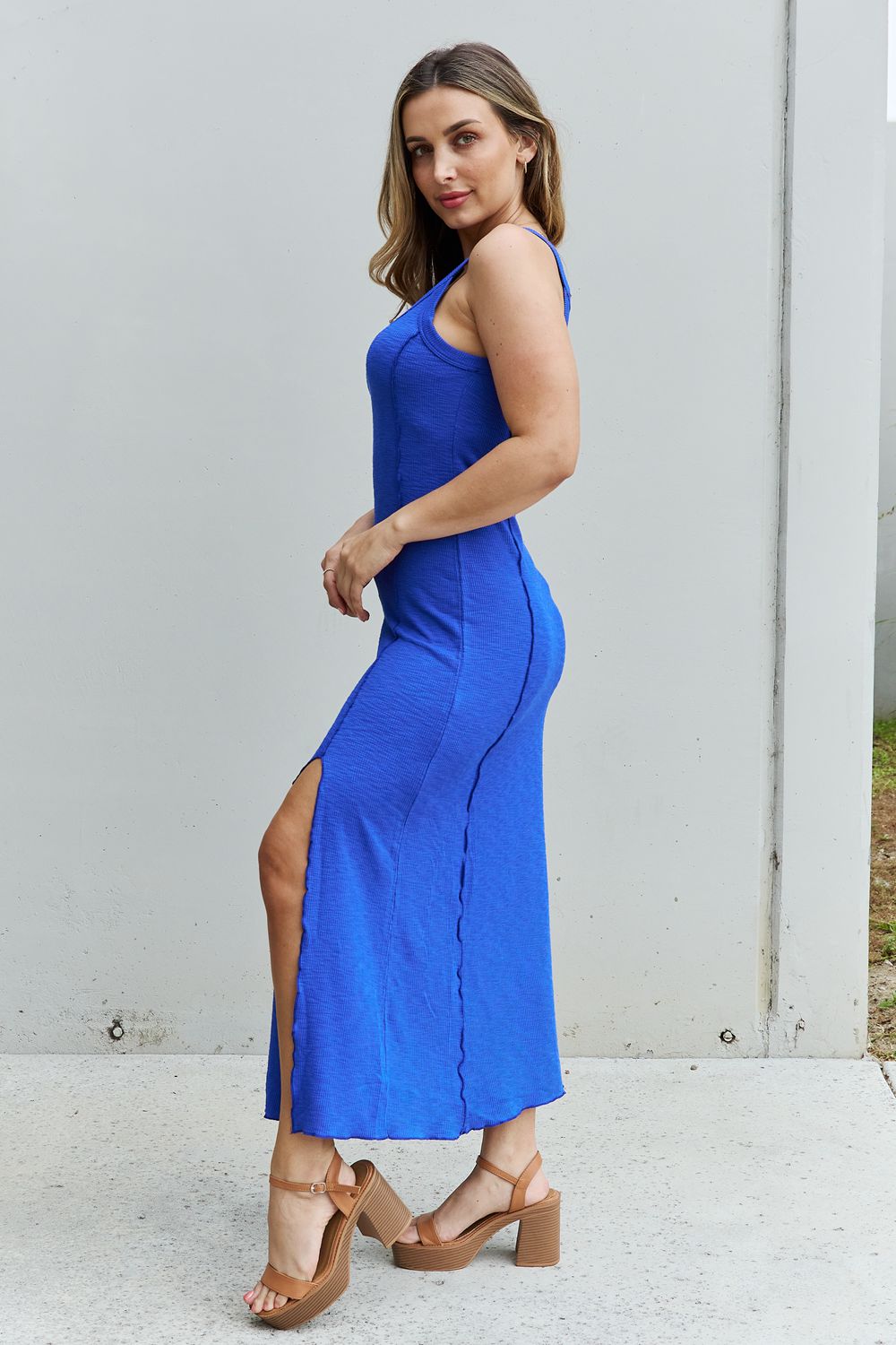 Culture Code Look At Me Notch Neck Maxi Dress with Slit in Cobalt Blue