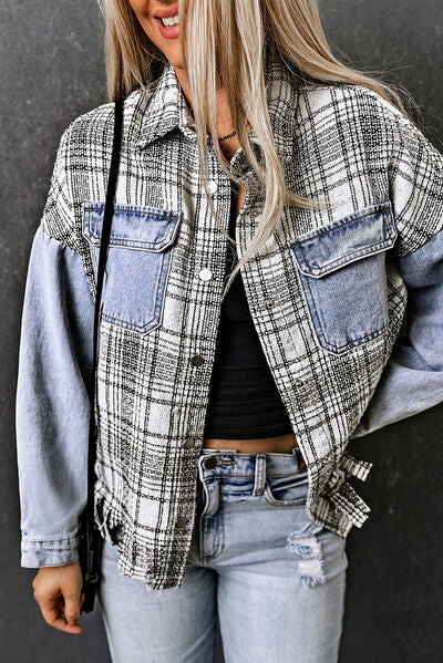 Plaid Pocketed Snap Down Denim Jacket