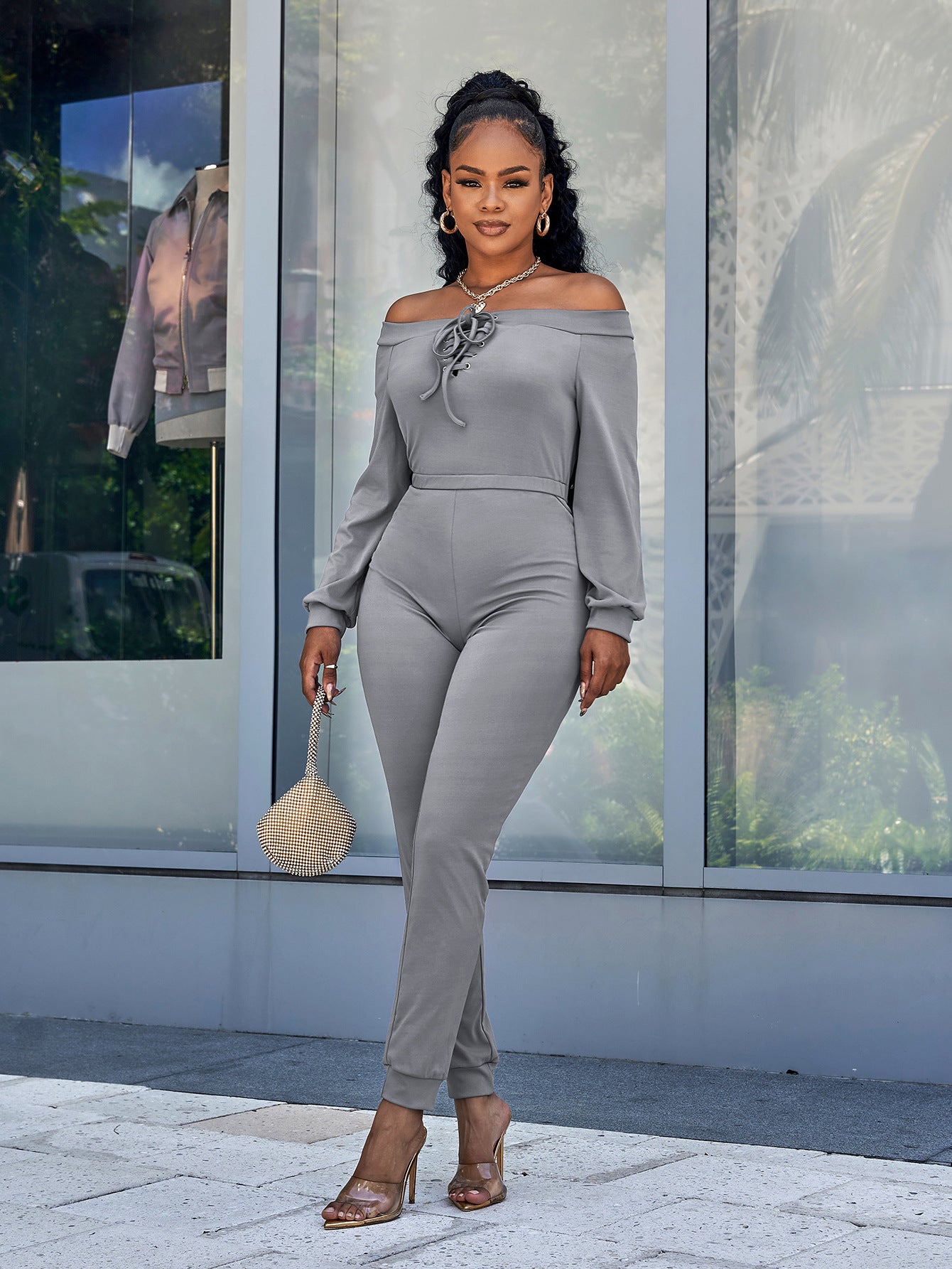 Lace-Up Off-Shoulder Long Sleeve Jumpsuit Trendsi