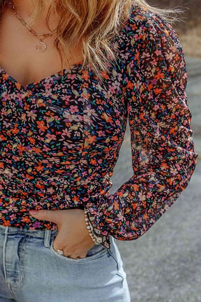 Plus+ Printed Surplice Neck Long Sleeve Blouse