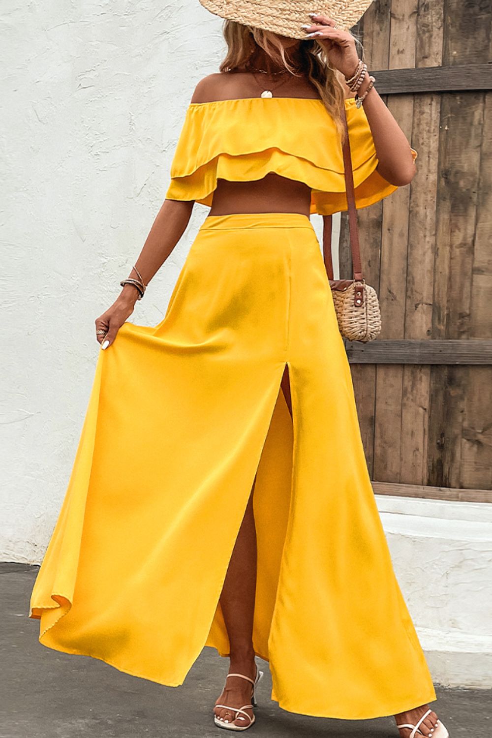 Layered Crop Top and Split Maxi Skirt Set Trendsi