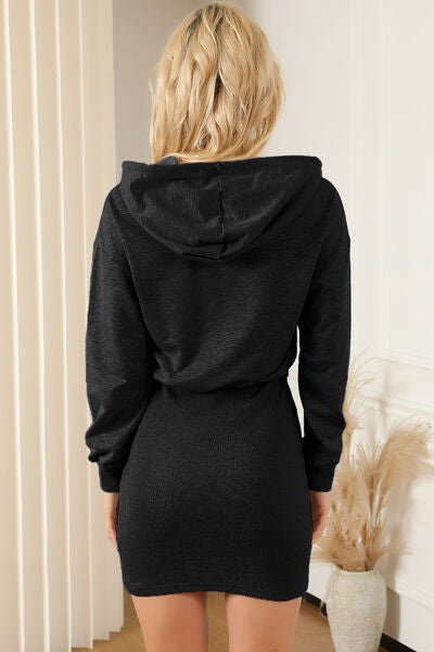 Half Zip Drawstring Hooded Mini Dress