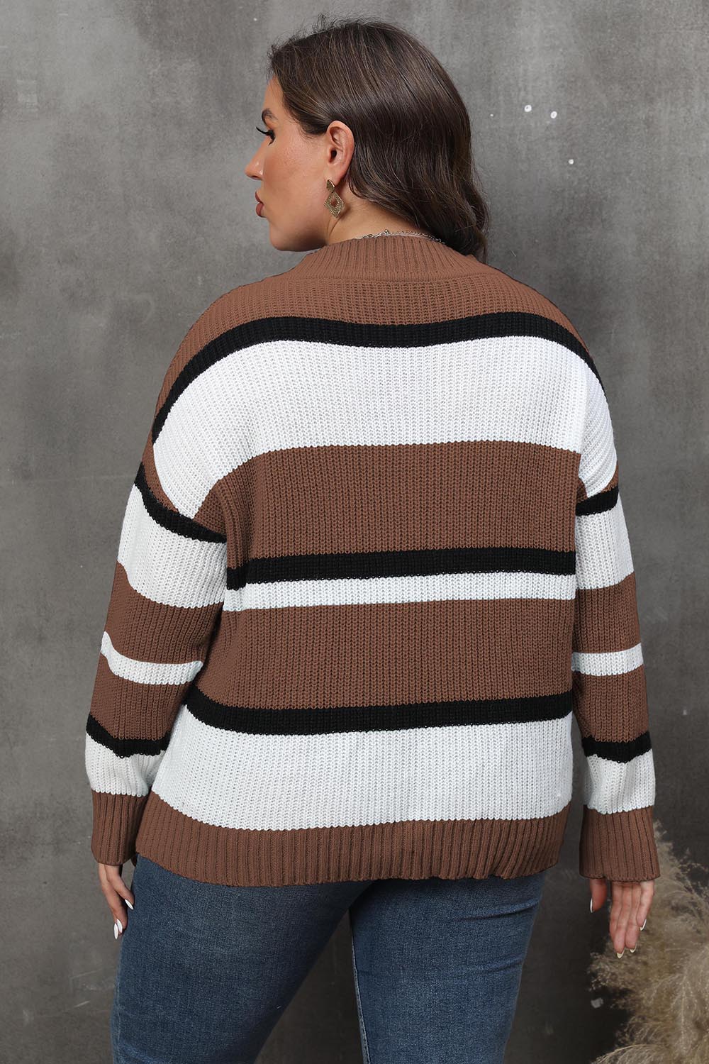 Plus+ Striped V-Neck Dropped Shoulder Sweater