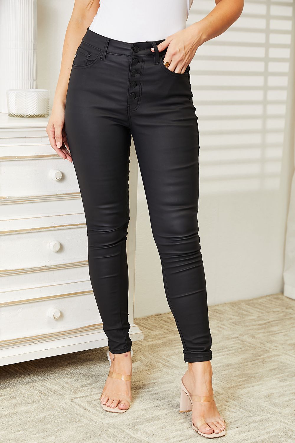 Kancan High Rise Black Coated Ankle Skinny Jeans