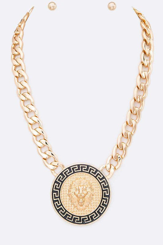 Lion Emblem Pendant Statement Necklace Set LA Jewelry Plaza