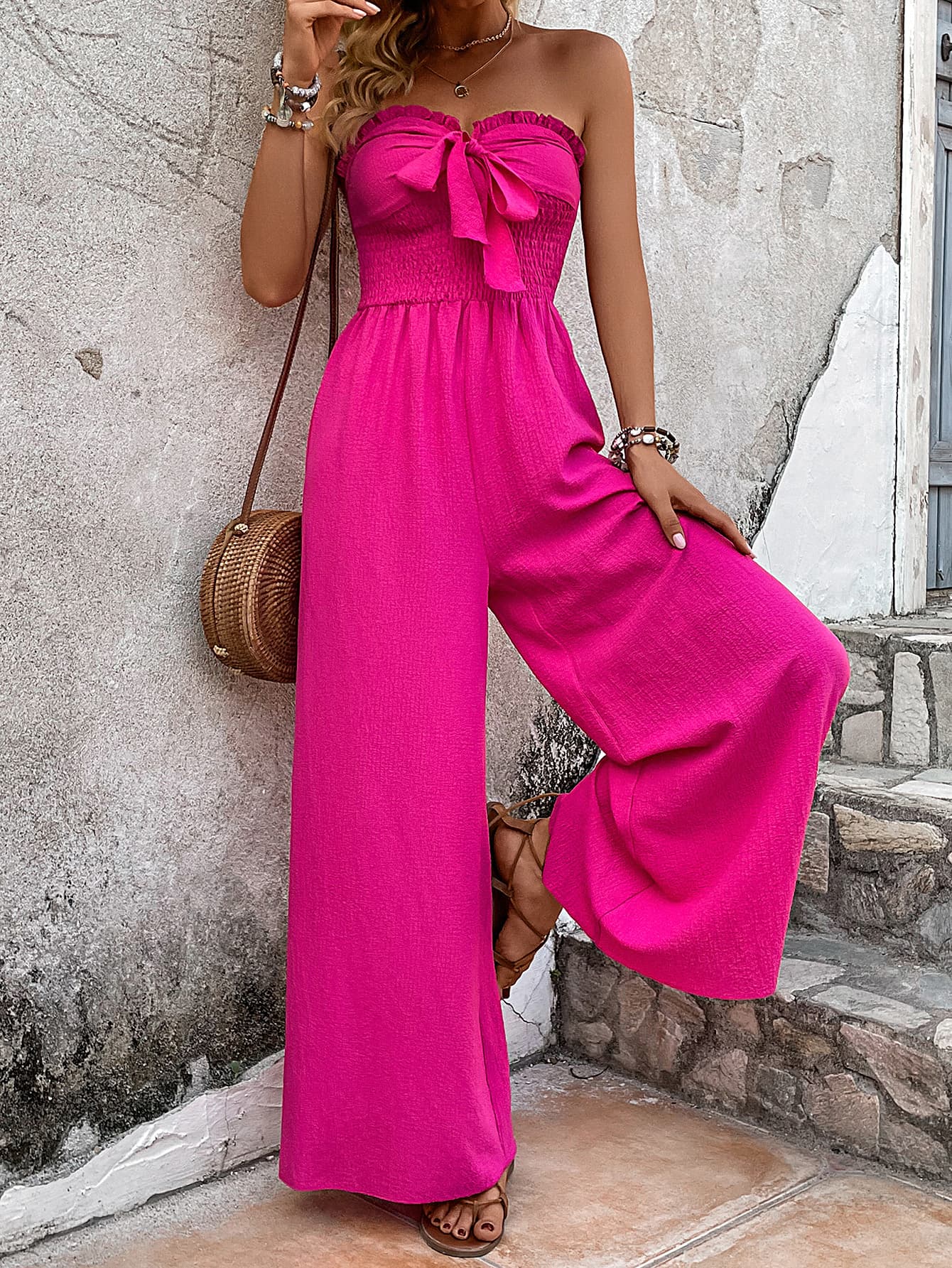 Frill Trim Strapless Smocked Wide Leg Jumpsuit Trendsi