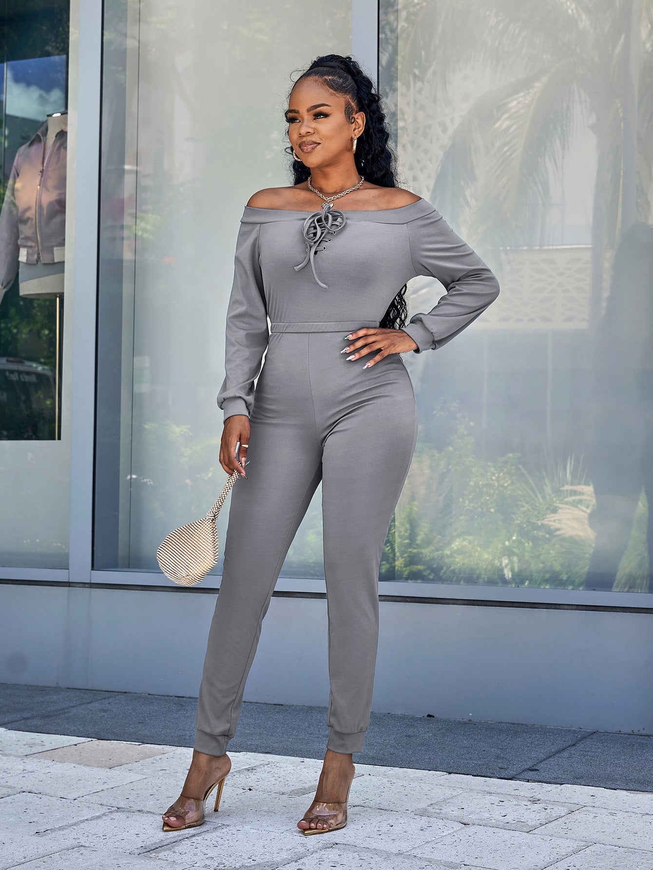 Lace-Up Off-Shoulder Long Sleeve Jumpsuit Trendsi