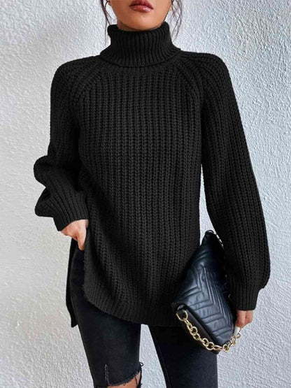 Turtleneck Rib-Knit Slit Sweater