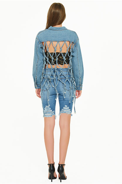 Cutout Back Tassel Denim Jacket Trendsi