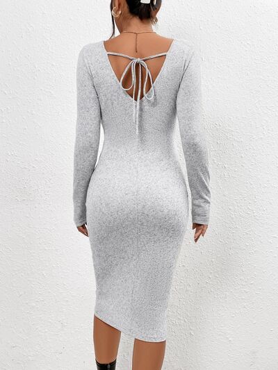 Drawstring Cutout V-Neck Long Sleeve Dress