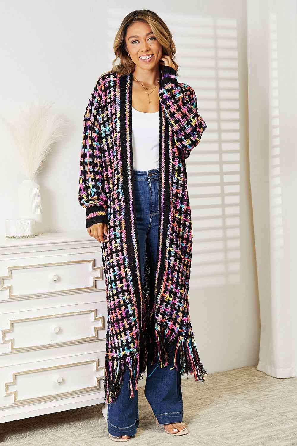 Double Take Multicolored Open Front Fringe Hem Cardigan