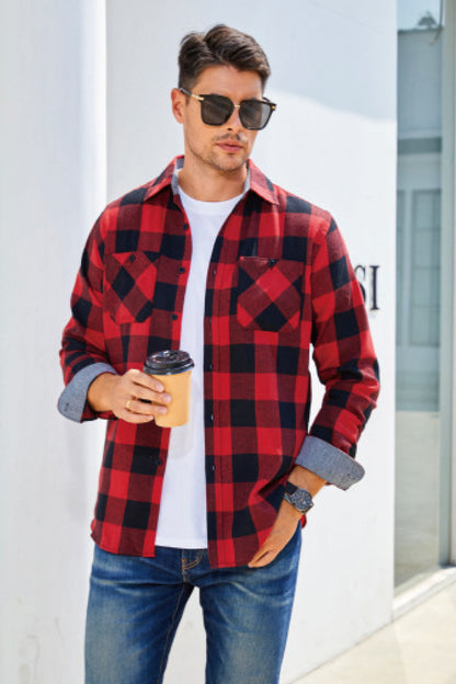 Men's Plaid Button Front Long Sleeve Shirt with Breast Pockets Trendsi