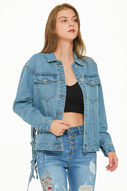 Cutout Back Tassel Denim Jacket Trendsi