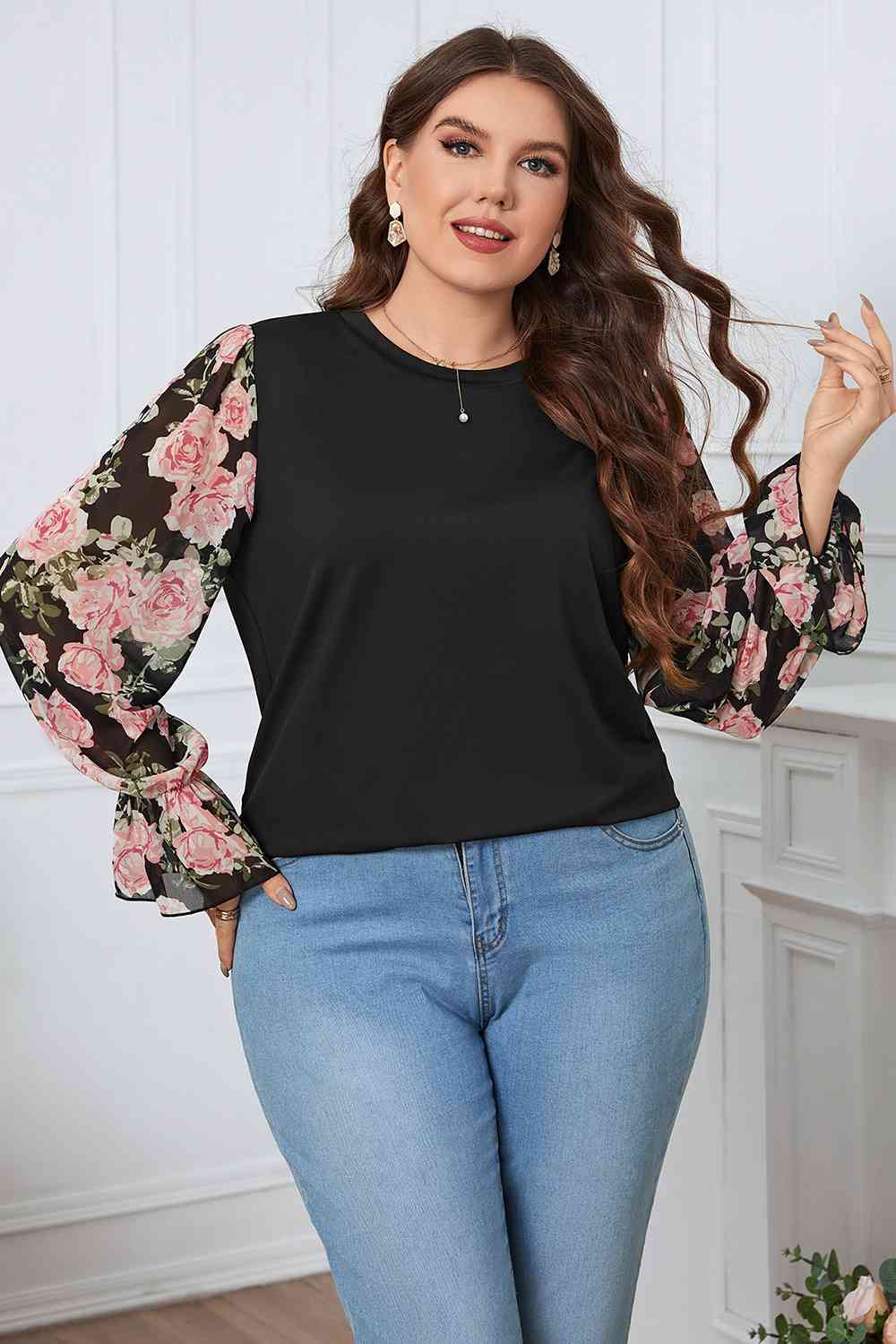 Plus+ Floral Flounce Sleeve Blouse