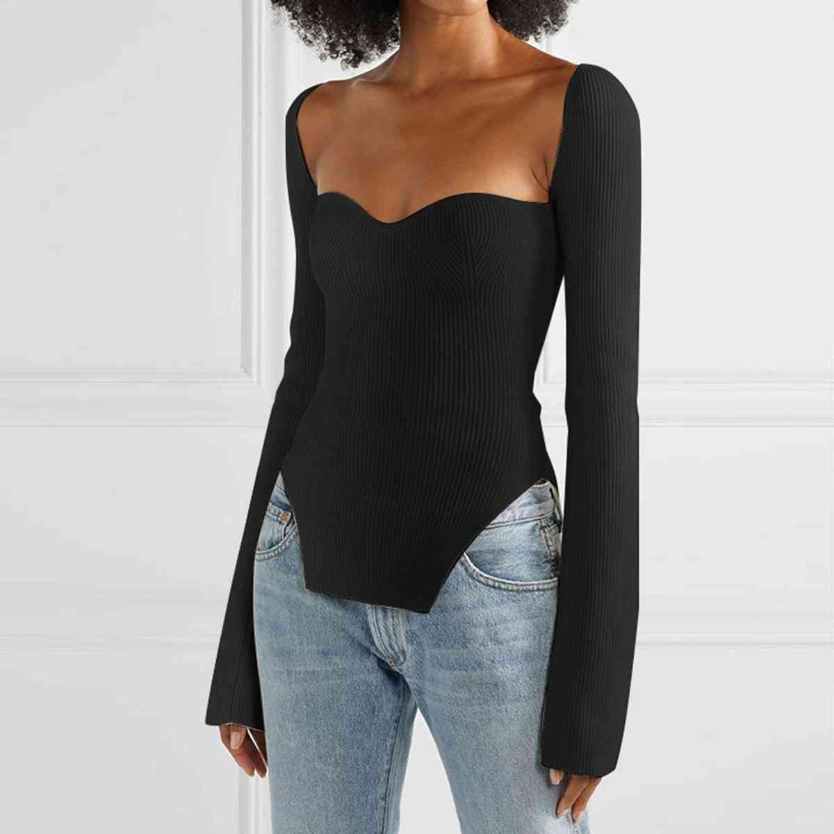 Sweetheart Neck Long Sleeve Knit Top