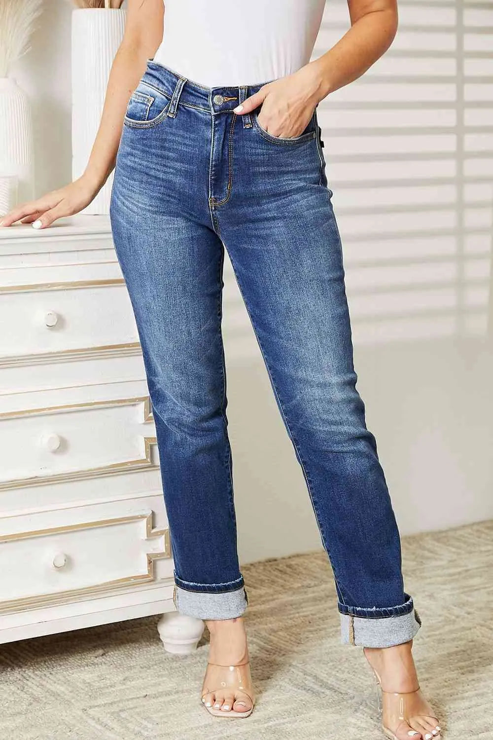 Judy Blue High Waist Contrast Wash Thermal Straight Jeans