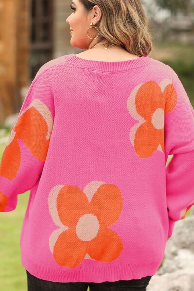 Plus+ Flower Graphic Round Neck Dropped Shoulder Sweater