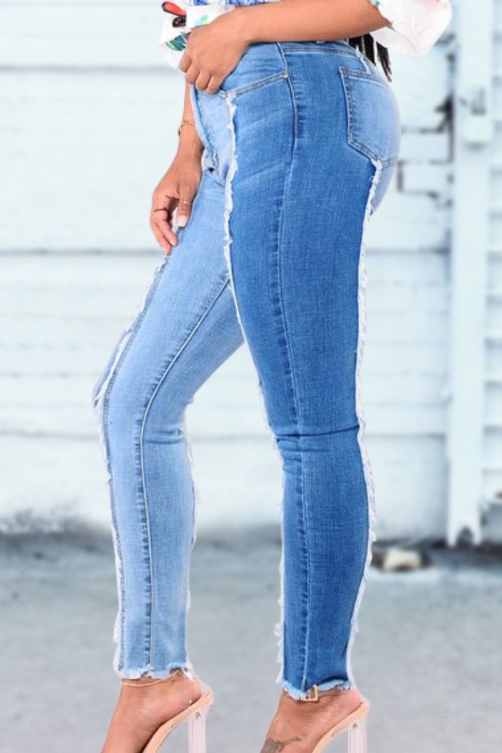 Two-Tone Fringe Trim Jeans Trendsi