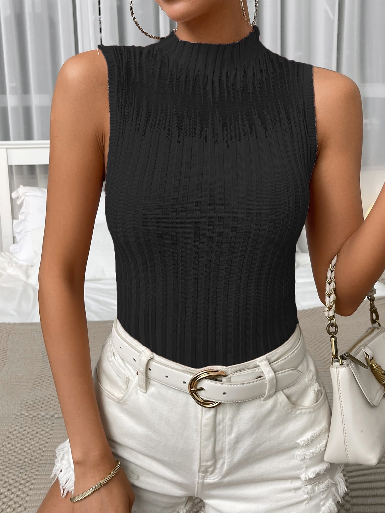 Mock Neck Ribbed Knit Tank Trendsi