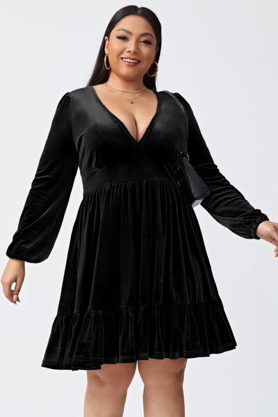 Plus Size Plunge Long Sleeve Mini Dress