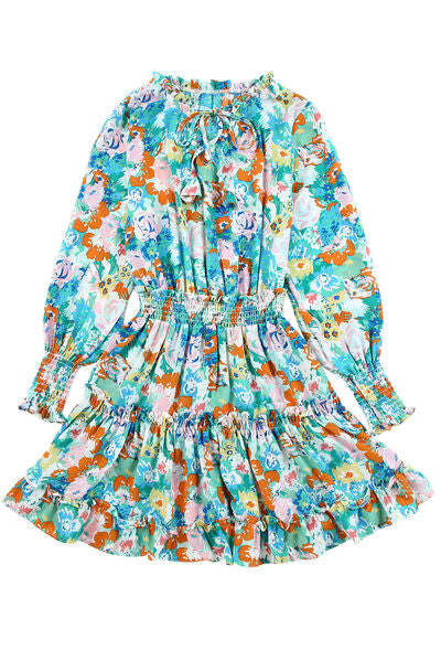 Printed Tie Neck Ruffle Hem Tiered Dress