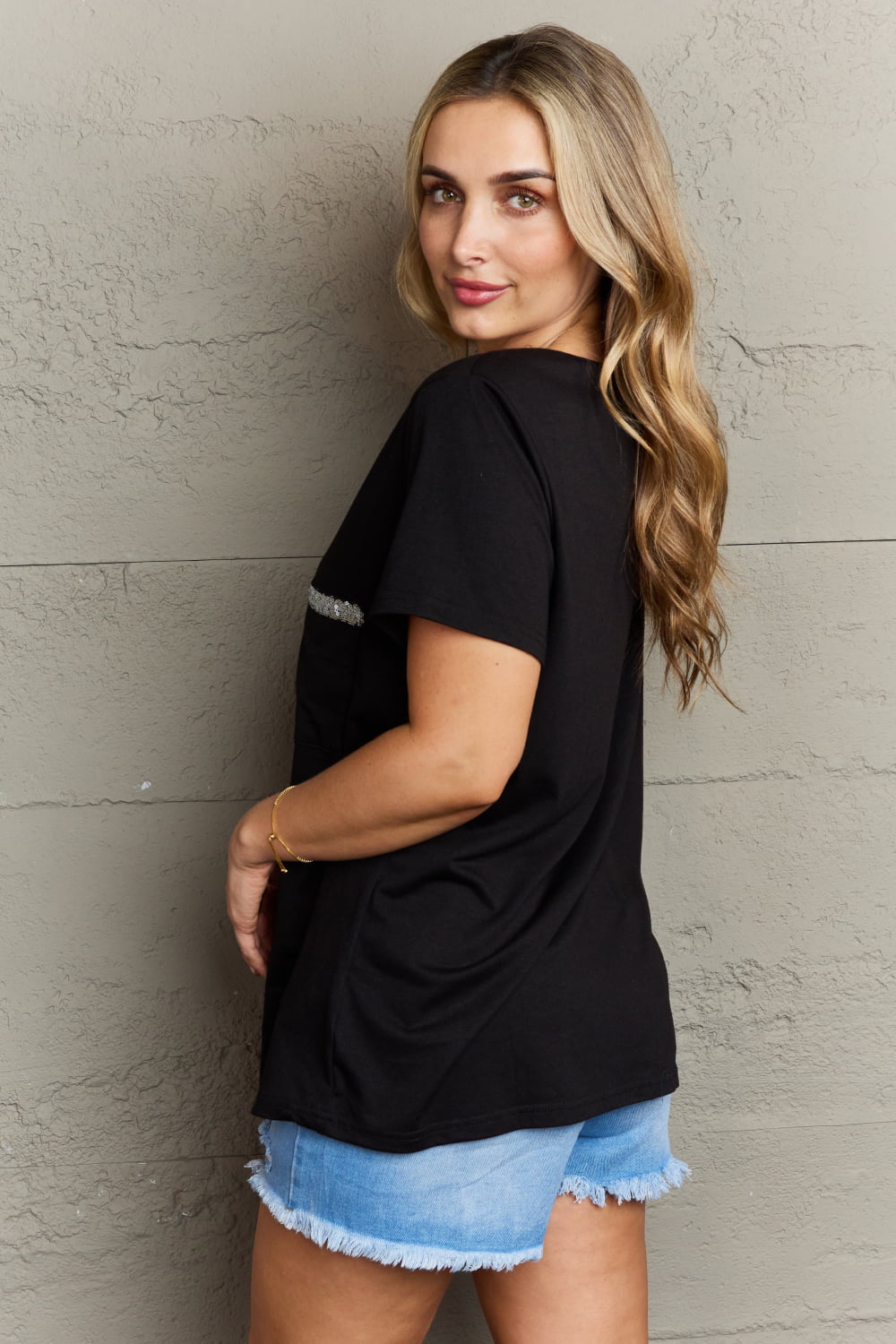 Gem Plus+ Contrast Sequin V-Neck Tee Shirt