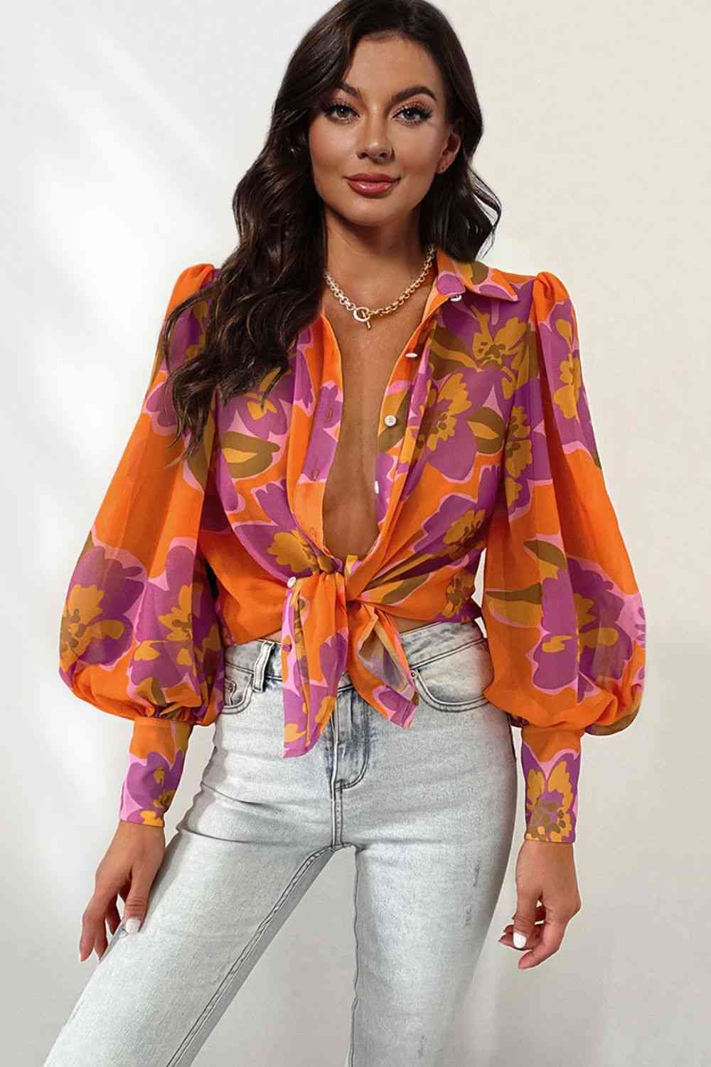 Double Take Flower Print Collared Neck Lantern Sleeve Shirt