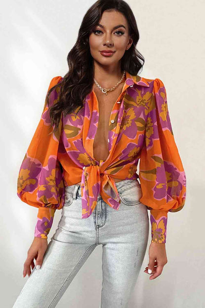 Double Take Flower Print Collared Neck Lantern Sleeve Shirt