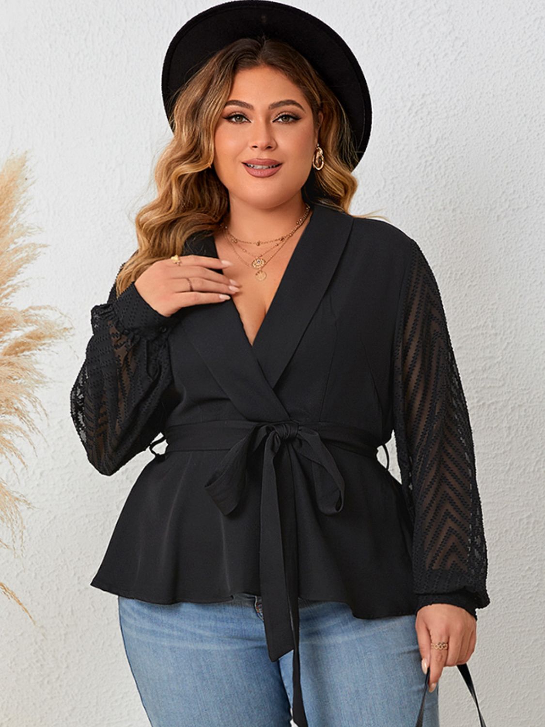 Gem Plus+ Tie Waist Long Sleeve Blouse