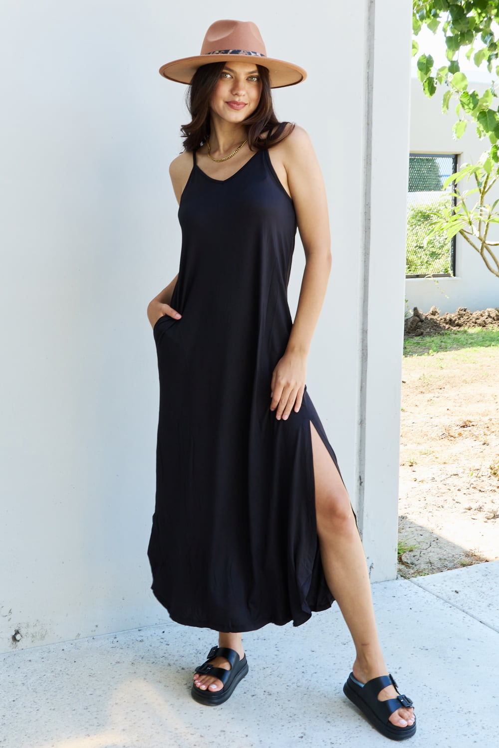 Ninexis Good Energy Cami Side Slit Maxi Dress in Black