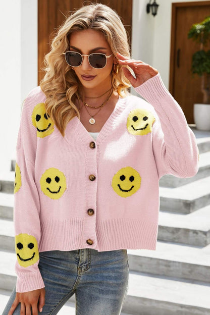 Smiley Face Ribbed Trim V-Neck Cardigan Trendsi