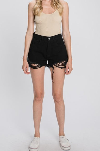 Gem Plus High Waist Frayed Hemline Shorts - Black Trendsi