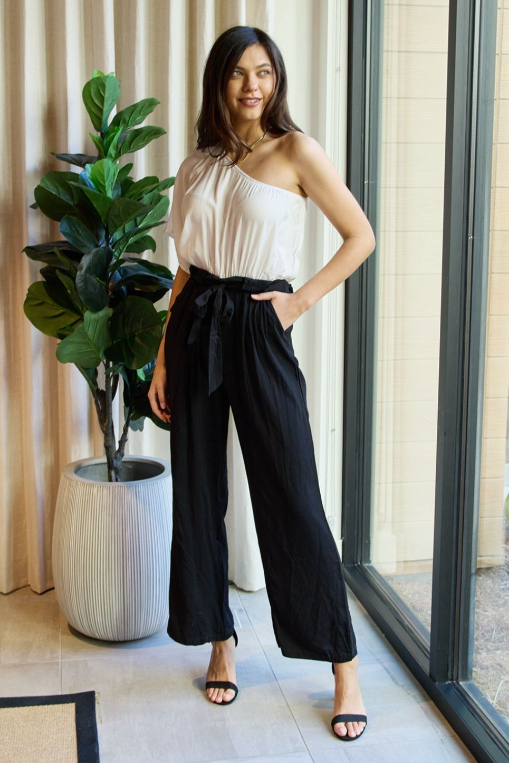 Marvelous in Manhattan One-Shoulder Jumpsuit in White/Black Trendsi