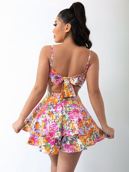 Floral Tie Back Layered Hem Romper Trendsi