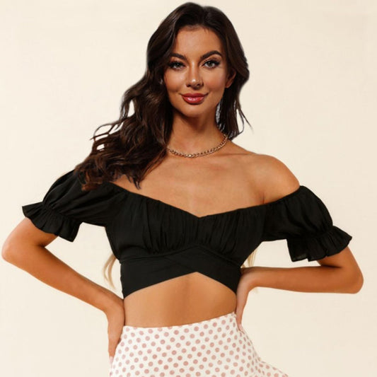 Off-Shoulder Flounce Sleeve Tie Back Top Trendsi