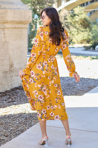 Double Take Floral Tie Back Flounce Sleeve Dress