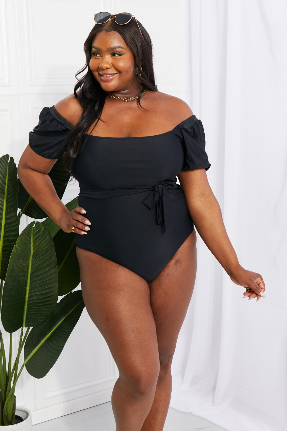 Salty Air Puff Sleeve One-Piece in Black Trendsi