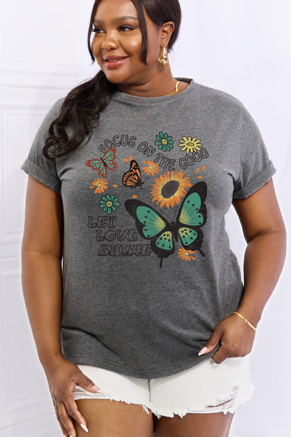 Simply Love FOCUS ON THE GOOD LET LOVE SHINE Graphic Cotton Tee