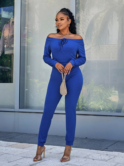 Lace-Up Off-Shoulder Long Sleeve Jumpsuit Trendsi