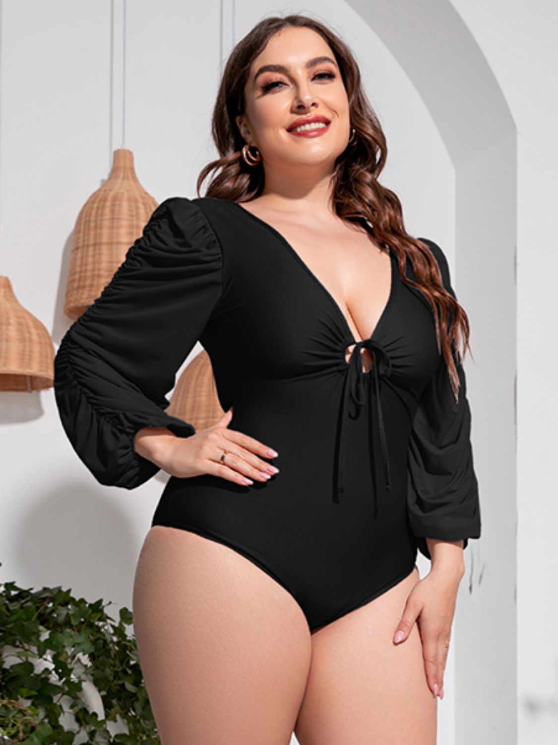 Gem Pus+ Tied Deep V Balloon Sleeve One-Piece Swimsuit Trendsi