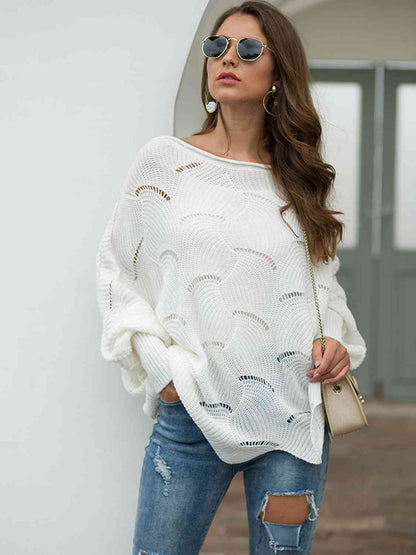 Boat Neck Lantern Sleeve Openwork Knit Top