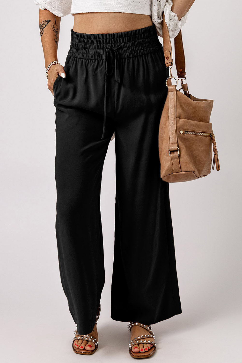 Drawstring Smocked Waist Wide Leg Pants Trendsi