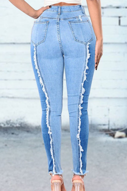 Two-Tone Fringe Trim Jeans Trendsi