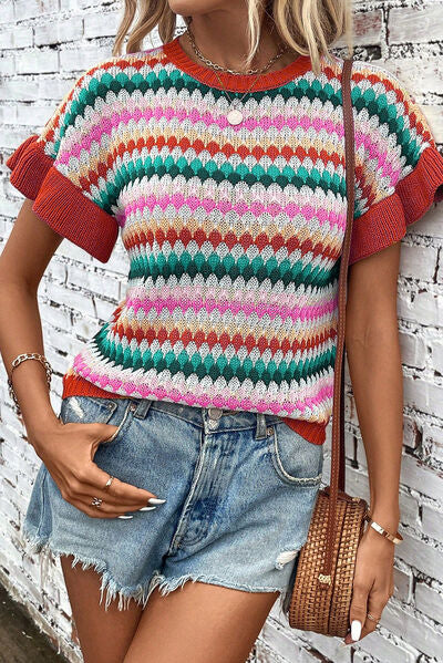 Striped Round Neck Short Sleeve Sweater