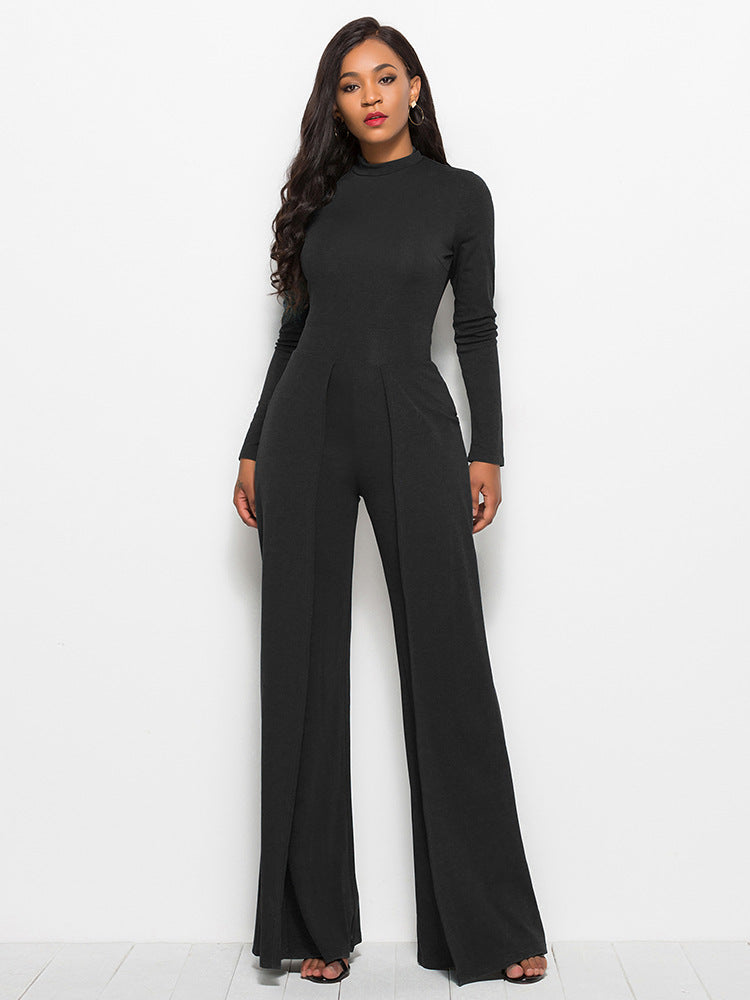 Long Sleeve Mock Neck Wide Leg Jumpsuit Trendsi