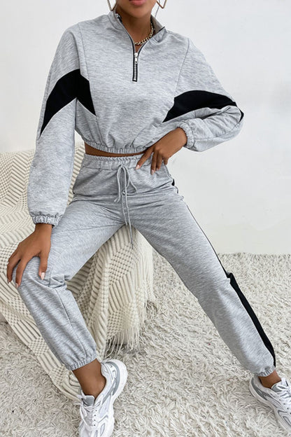 Contrast Quarter-Zip Cropped Sweatshirt and Joggers Set Trendsi